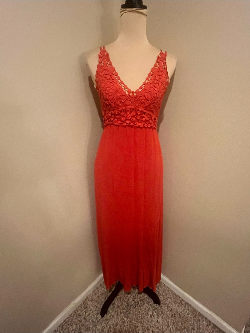 mittoshop Rust Red lace overlay Bodice smocked back Dress, size small